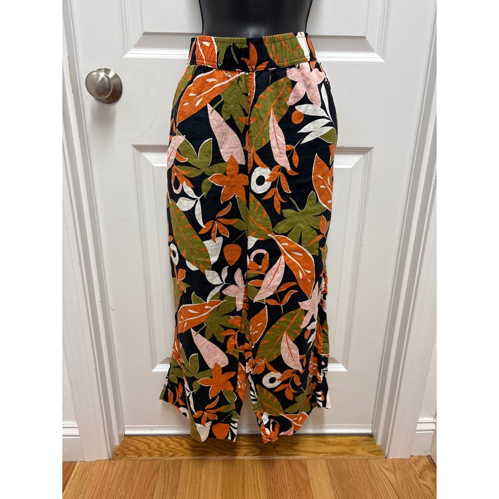 C&C California Womens Large 100% Linen Tropical Floral Crop Wide Leg Pants Black
